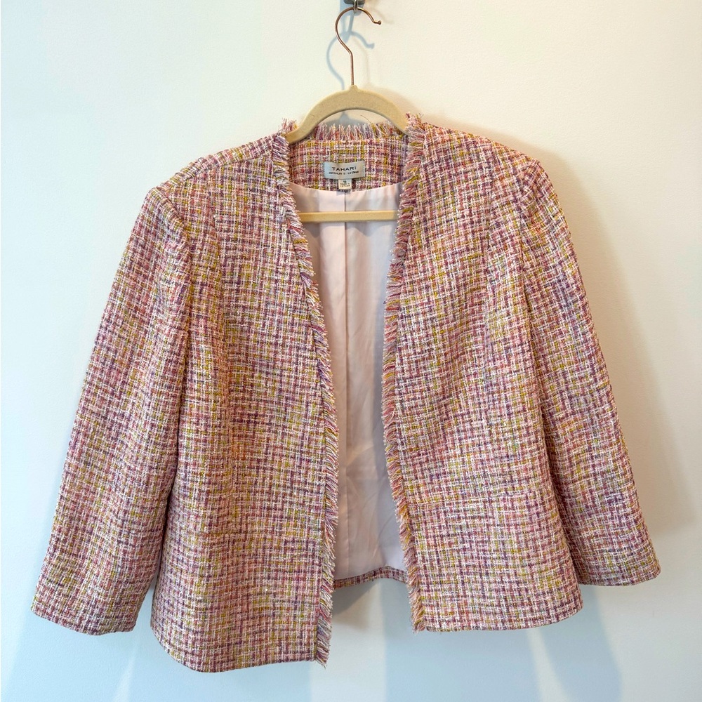 Tahari Pink and Yellow Metallic Tweed Blazer Size 16